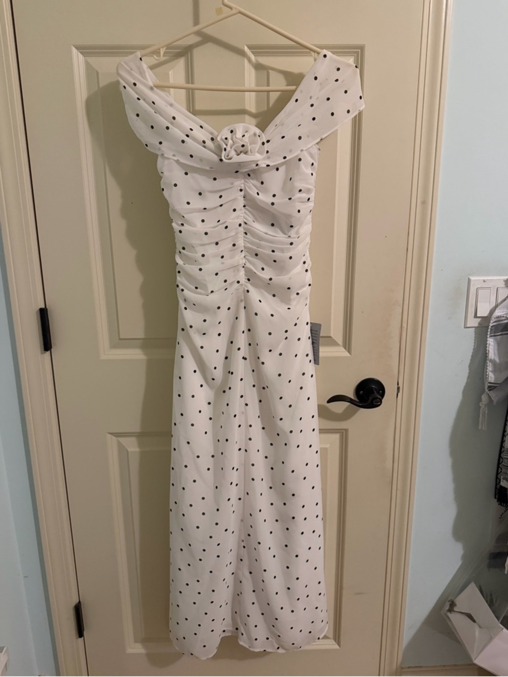 Wayf White Polka Dot Off-Shoulder Maxi Dress